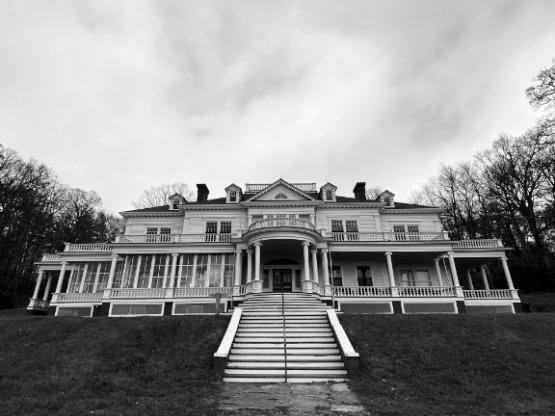 A black and white image of the Moses Cone Manor House